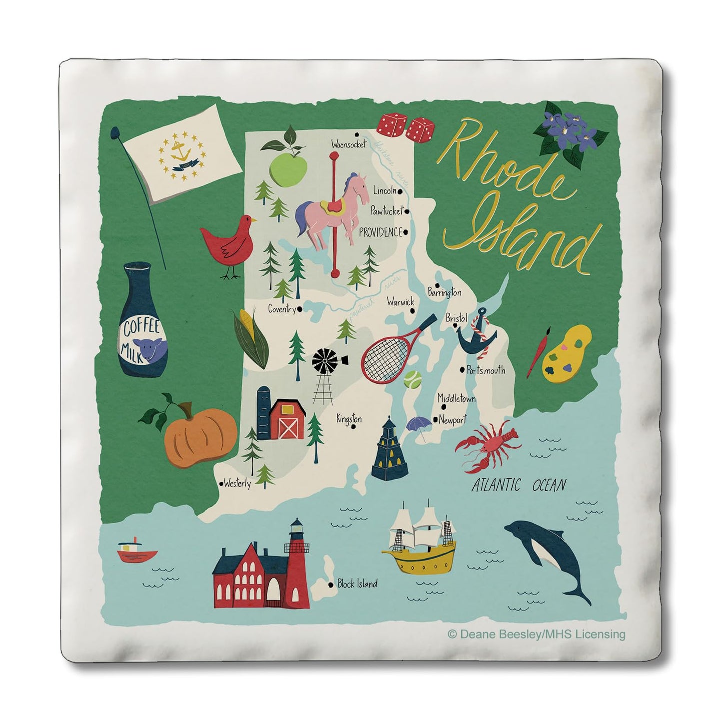 Thirstystone Rhode Island Home State 4 Pack Tumbled Tile Stone Coasters 4" Square Manufactured in the USA