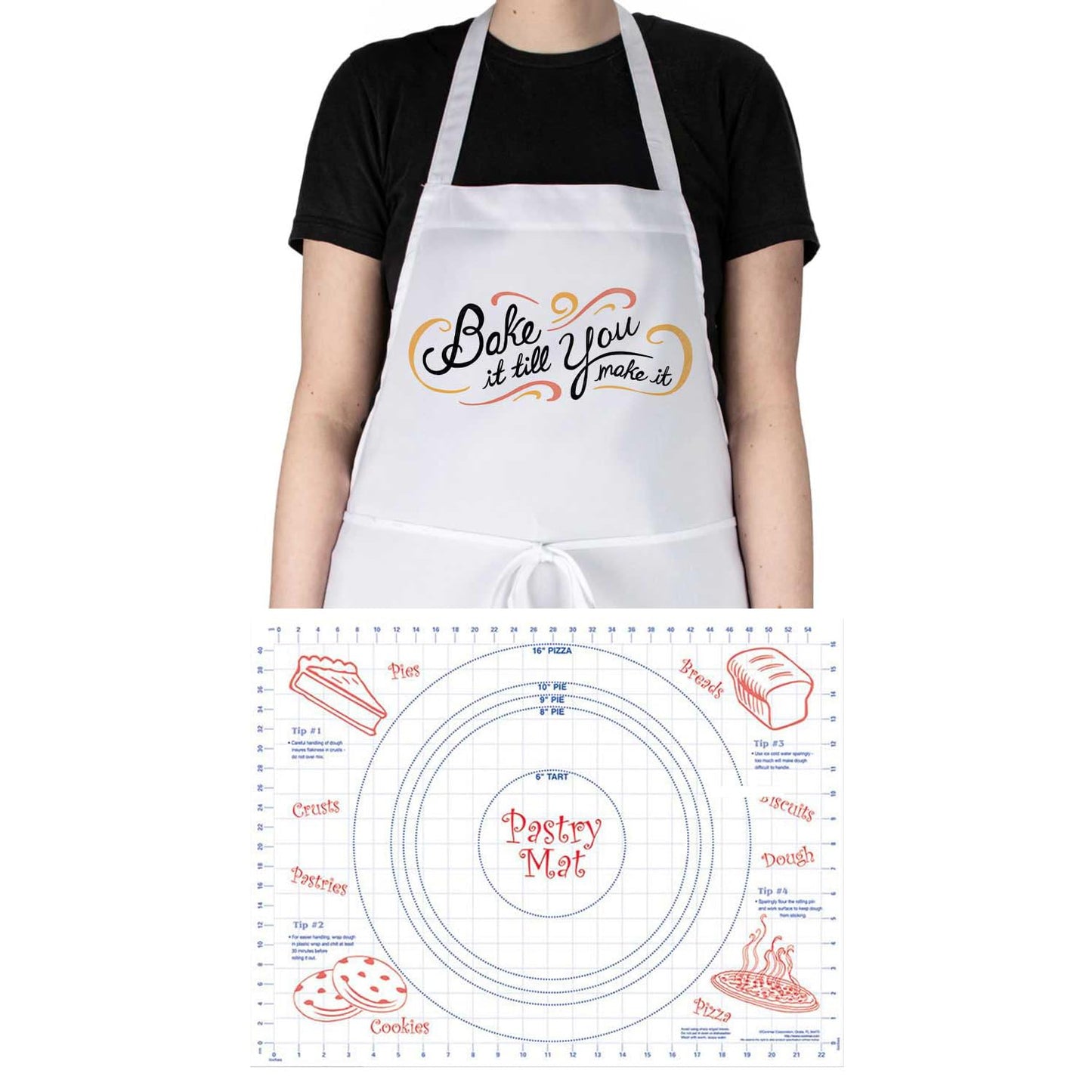 Counterart Grab Life Chef Apron & 24" x 18" Pastry Mat BPA & PVC Free Plastic with Grid Markings for Tarts, Pies, & Pizzas